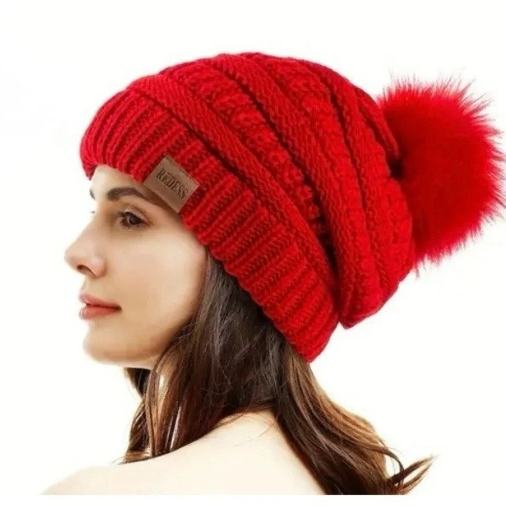 Winter Cozy Warm Pom Pom Pink‎ Beanie Hat Knit Fleece Lined Slouchy Skiing NWT